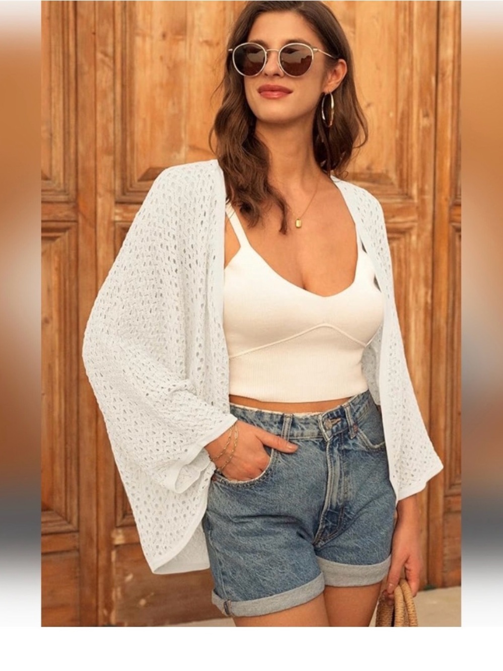 Grace Karin White Open-Knit Draped Cardigan
